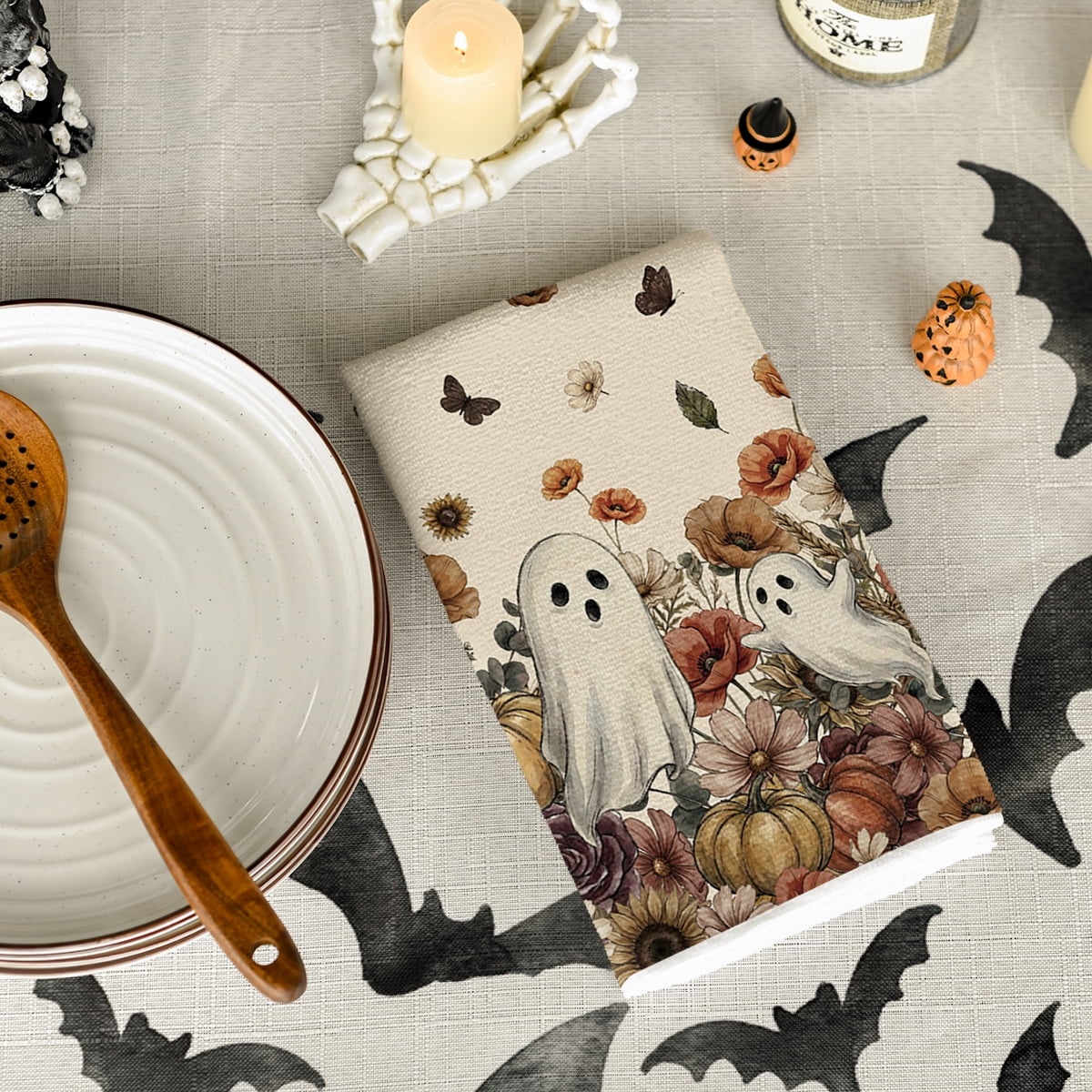 Sm:)e Ghost Pumpkins Bats Floral Spooky Halloween Kitchen Towels Dish Towels, 18x26 Inch Jack-O'-Lantern Decoration Hand Towels Set of 2