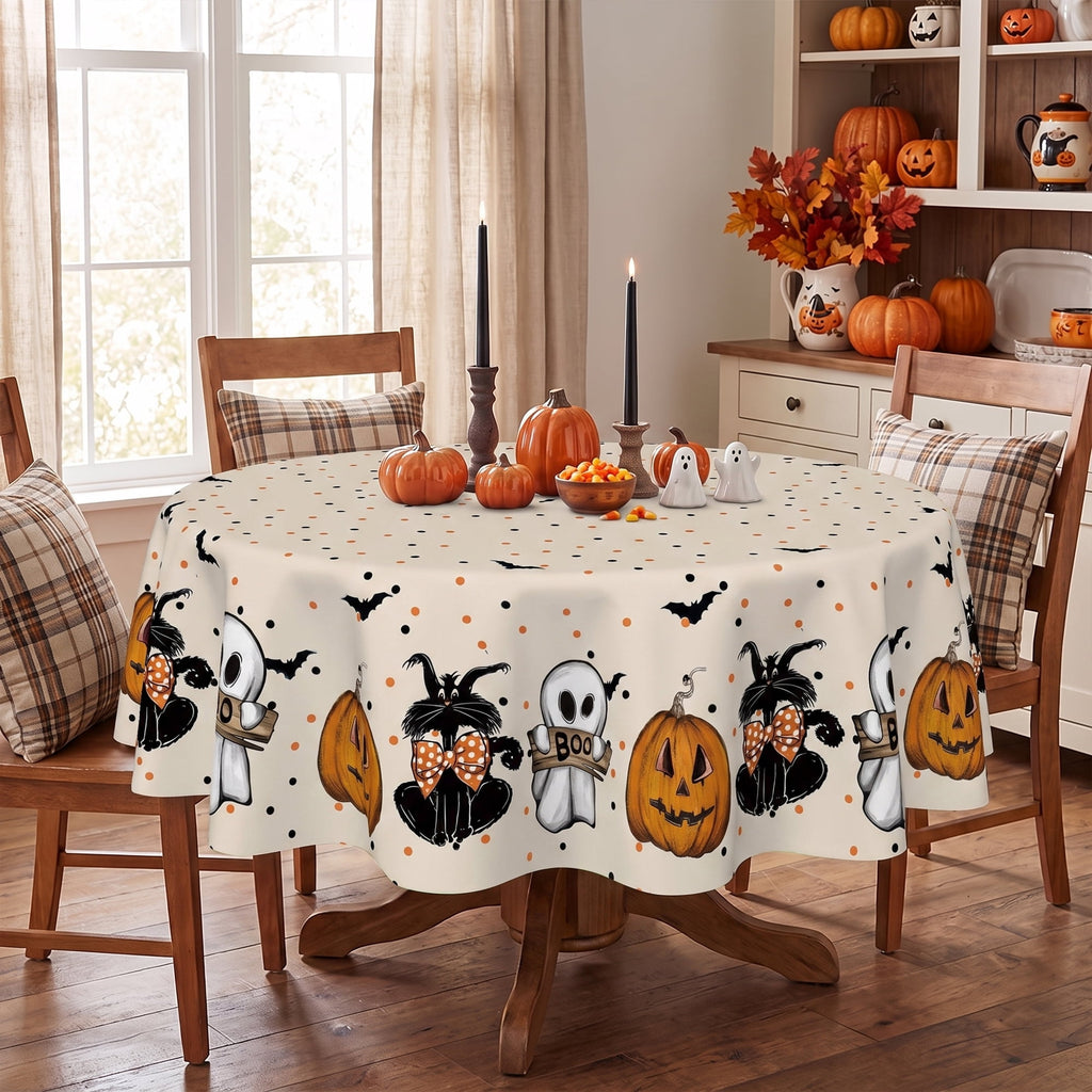 Sm:)e Ghost Cat Jack-O-Lantern Pumpkin Black Halloween Tablecloth 60 x 84 Inch, Wrinkle-Resistant & Machine Washable Table Cover for Dining Decor, Rectangle