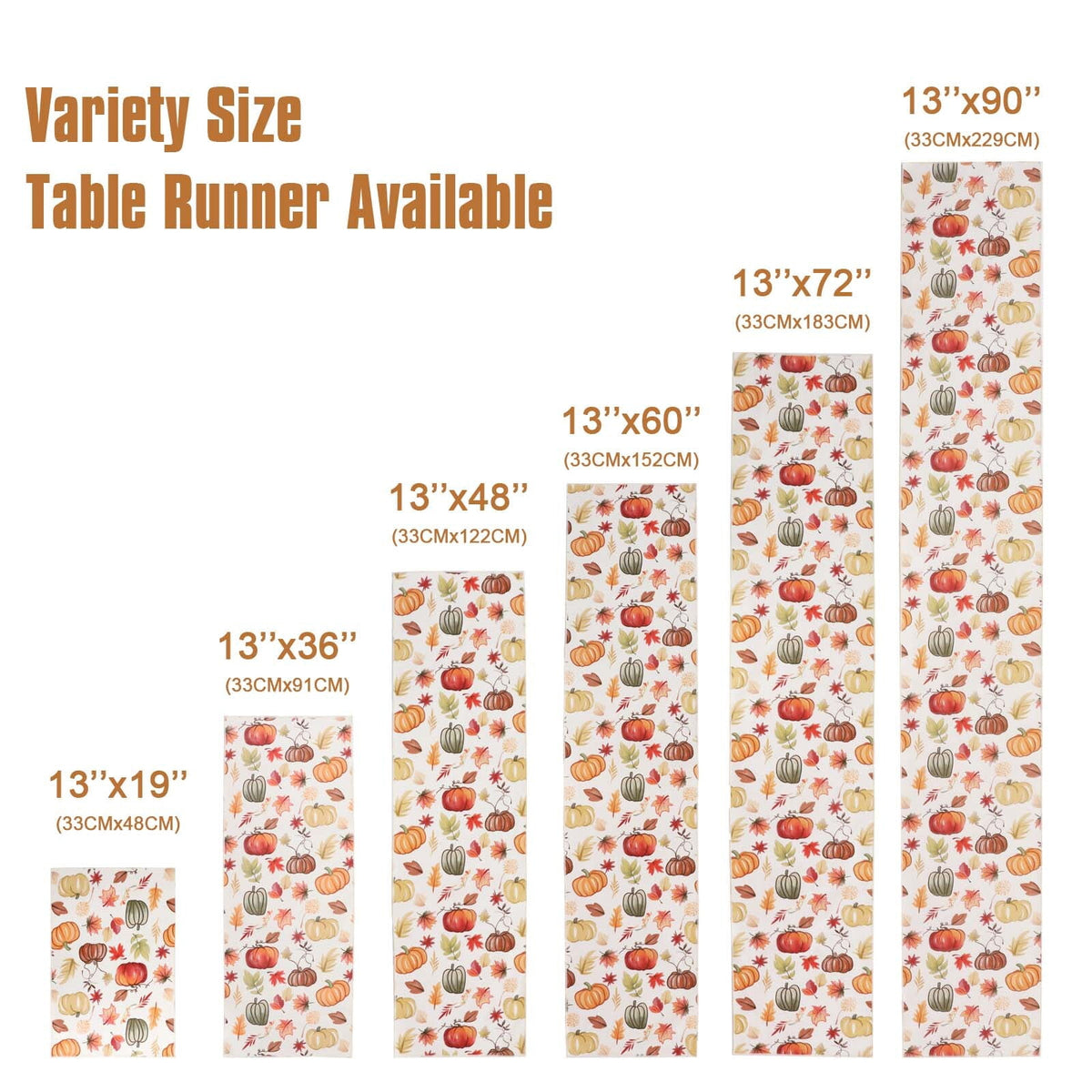 OVZME Joyce Fall Leaves Table Runner for Kitchen Dining Table, Thanksgiving Autumn Printed Harvest Pumpkins Maple Leaves for Halloween Holiday Home Decorations, Water-Proof, Washable, 13" W x 90" L