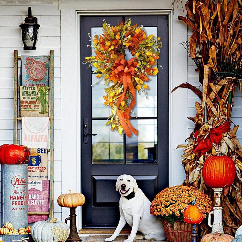 Yucurem 23.62" Fall Wreaths for Front Door, Artificial Maple Leaves Wreath for Christmas Halloween Thanksgiving Harvest Farmhouse Porch Decor