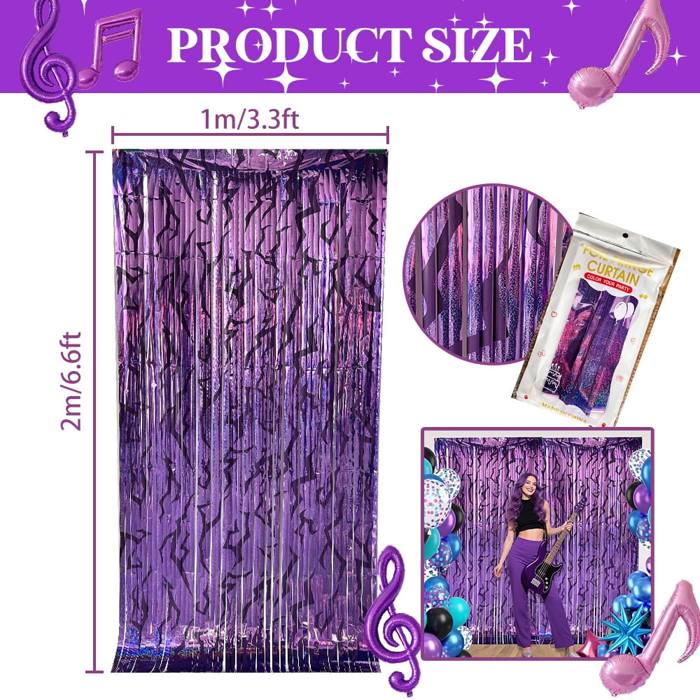 3PCS Foil Fringe Curtains Purple Gradient Holographic Backdrop with Demon Energy Pattern, 6.6ft Streamer Decorations for Birthday Graduation Bachelor Party