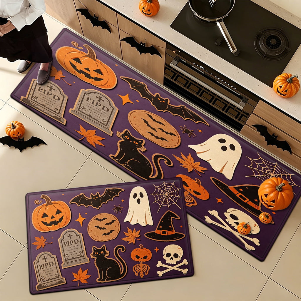 YIMEIS Halloween Neon Pumpkin Lanterns 3Pcs Flannel Mat & Kitchen Rugs Set,Soft Non-slip,16''×24'' 20''×30'' 17''×47'' Inches,for Entryway Bathroom