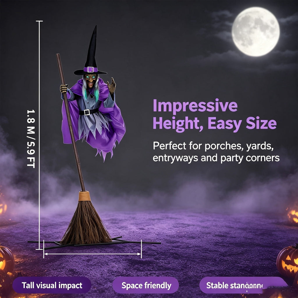Halloween Flying Witch on Broom Decorations, 6 FT Animated Hovering Witch Animatronics Holding Sweeper Props with Scary Lights, House Decor for Outside Indoor Garden Yard Lawn