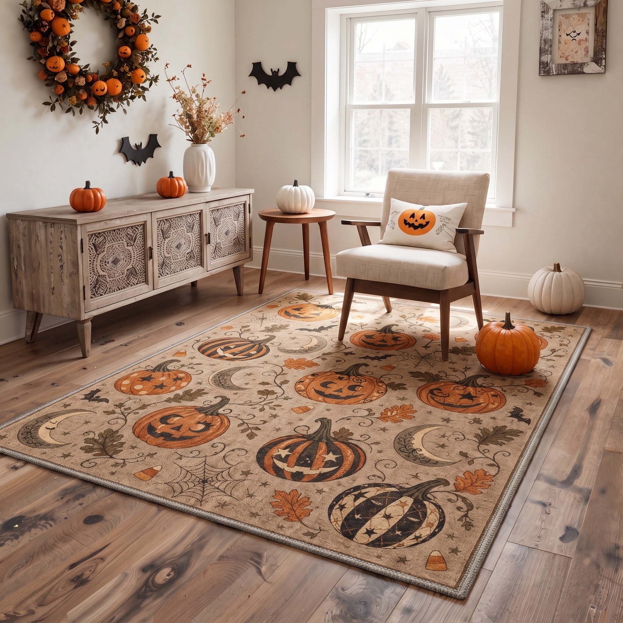 GENIMO 2'x7' Halloween Runner Rug, Washable Non Slip Soft Farmhouse Pumpkin Indoor Outdoor Hallway Runner for Porch Patio Kitchen Entryway, Vintage Sepia