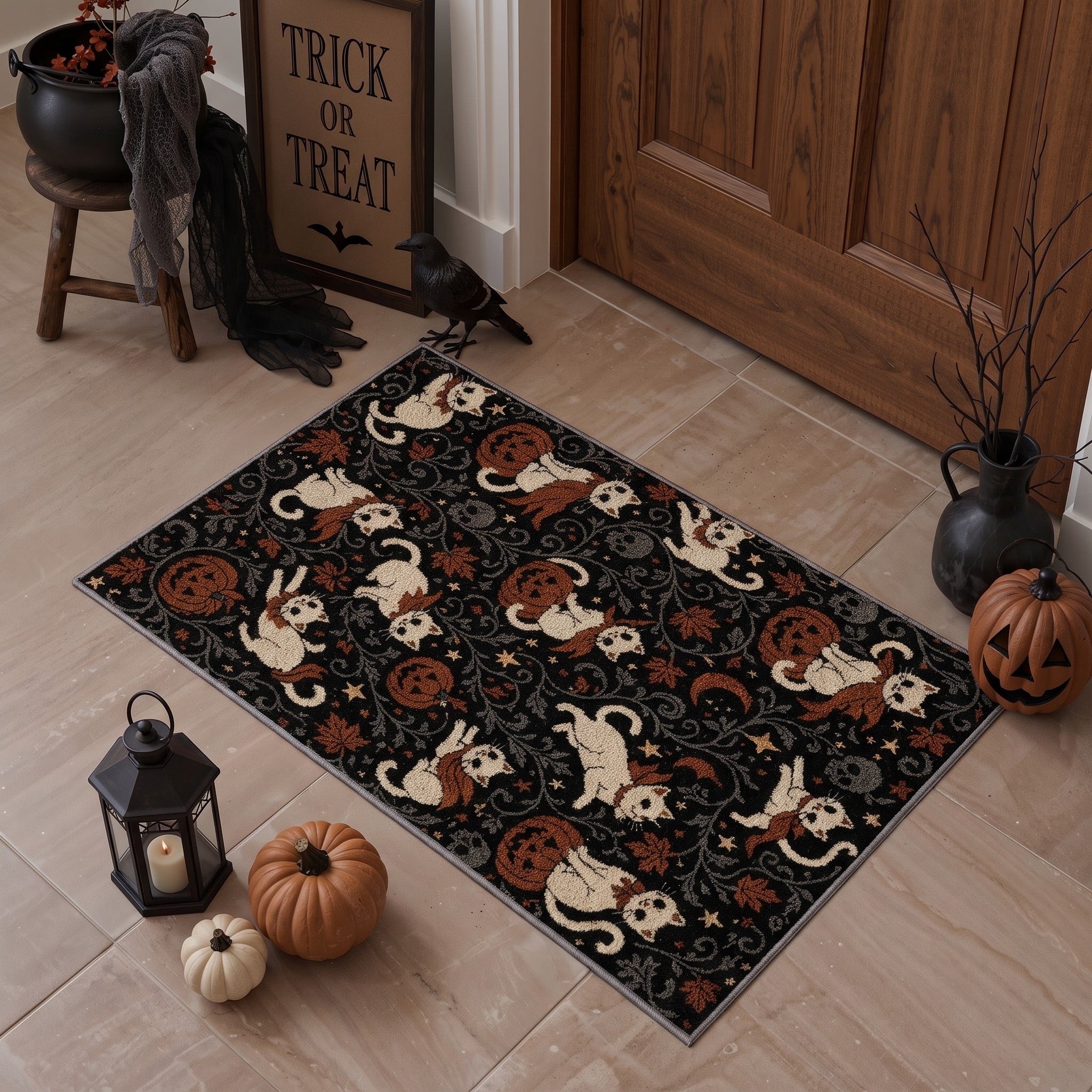 GENIMO 2'x3' Halloween Doormat, Washable Non Slip Soft Whimsical Cat Outdoor Door Mat for Front Door Covered Porch Patio Entryway, Vintage Black