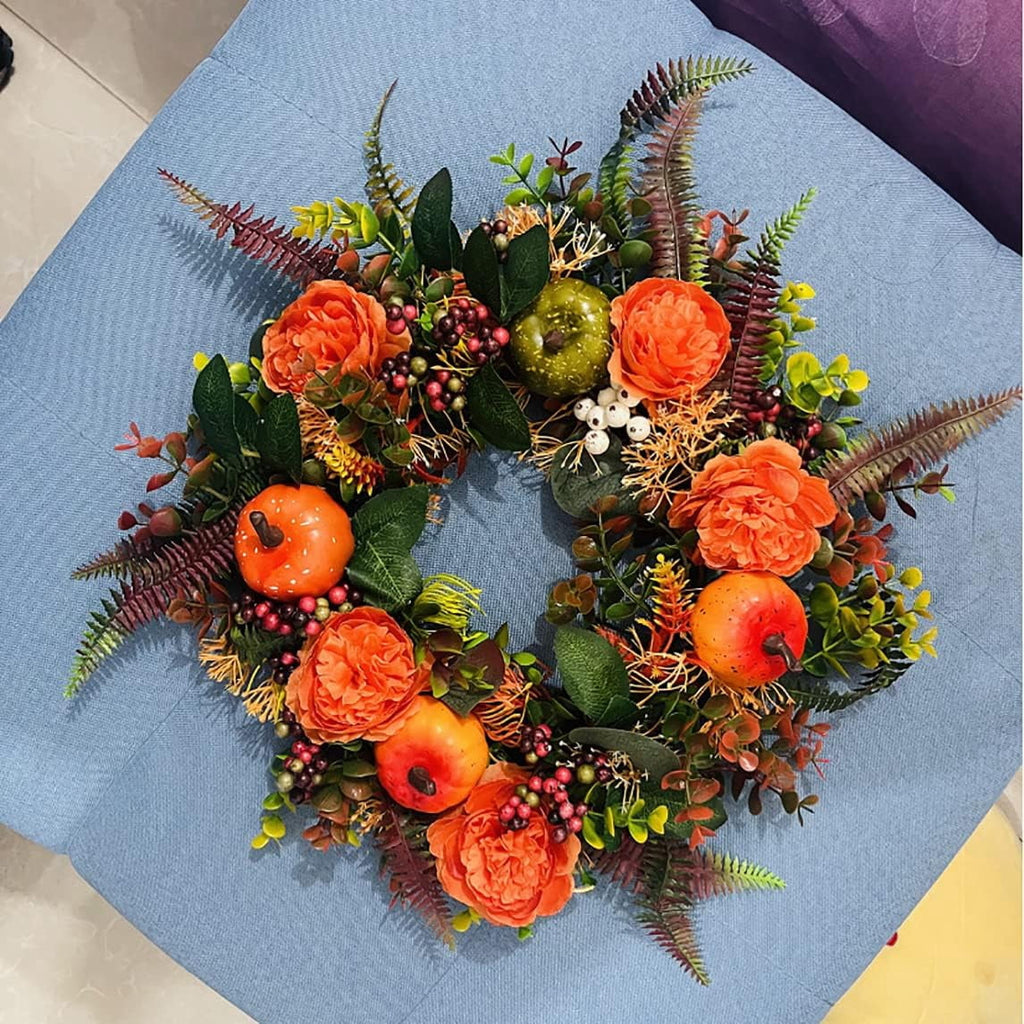 KOMI Fall Peony and Pumpkin Wreath, Autumn Year Round Wreaths for Front Door, Artificial Fall Wreath, Halloween Wreath, Fall Wreaths for Front Door, Autumn Wreath Thanksgiving Wreath (19.68 Inch)