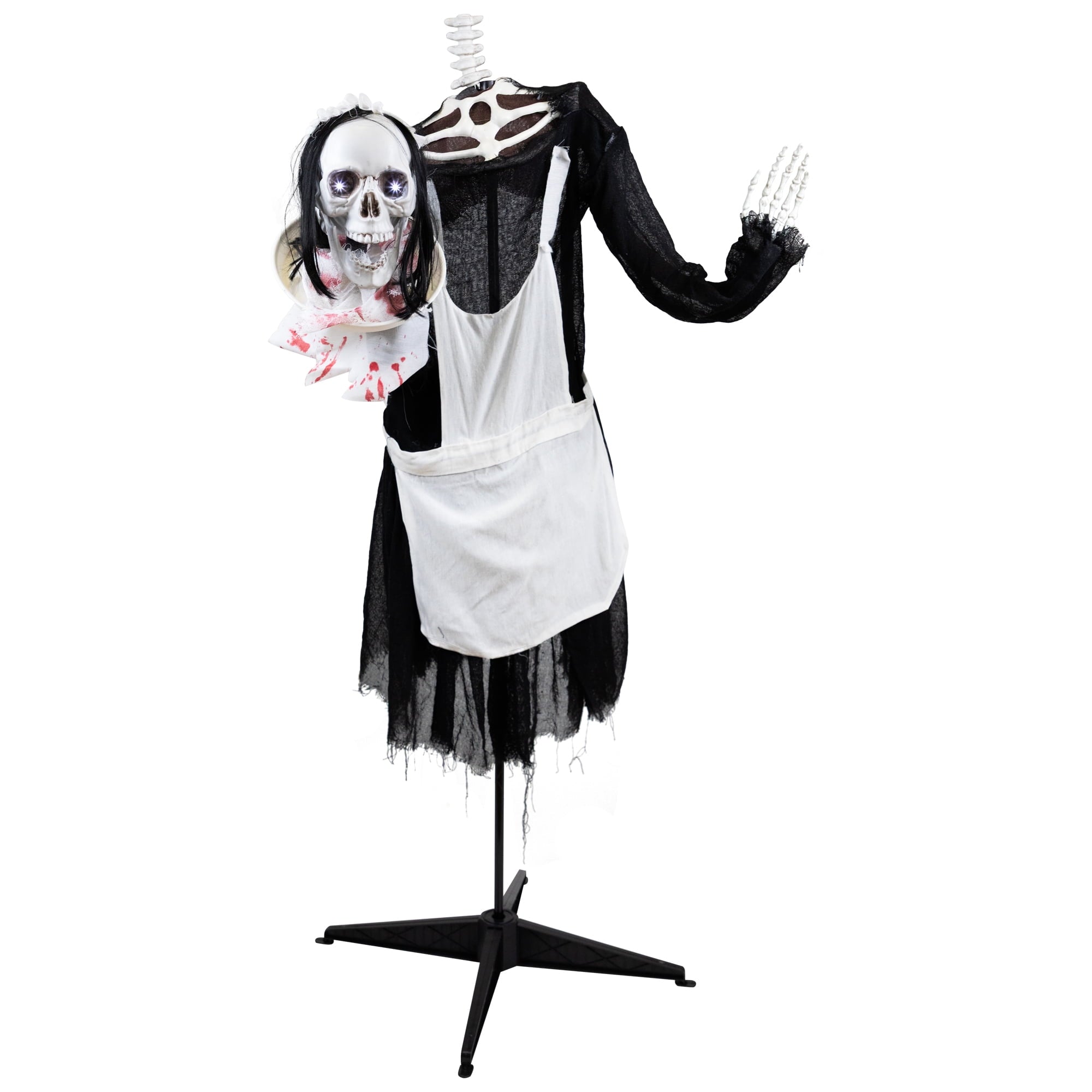 57" Animated LED Lighted Head-in-Hand Skeleton Maid Halloween Decoration