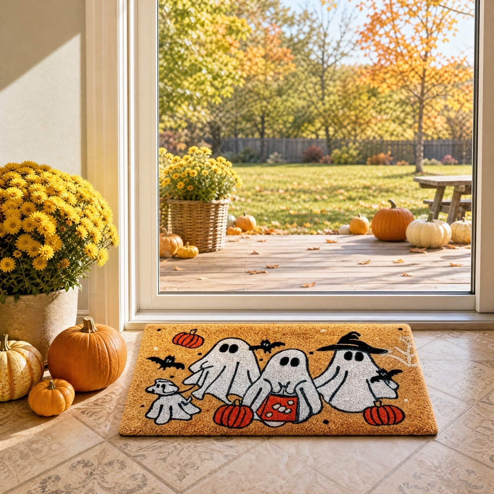 Lypsnake Patchwork Ghost Shaped Doormat,Vintage Stitched Fluffy Fabric Ghost Mat, Halloween Floor Carpet for Front Door Entrance Shower Room Fireplace Farmhouse Layout