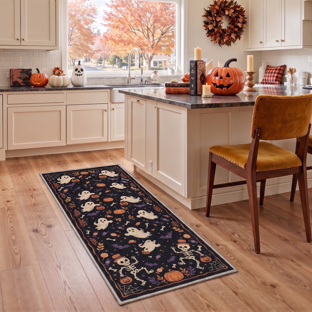 GENIMO 2'x7' Halloween Runner Rug, Washable Non Slip Soft Vintage Witch Indoor Outdoor Hallway Runner for Porch Patio Kitchen Entryway, Vintage Black