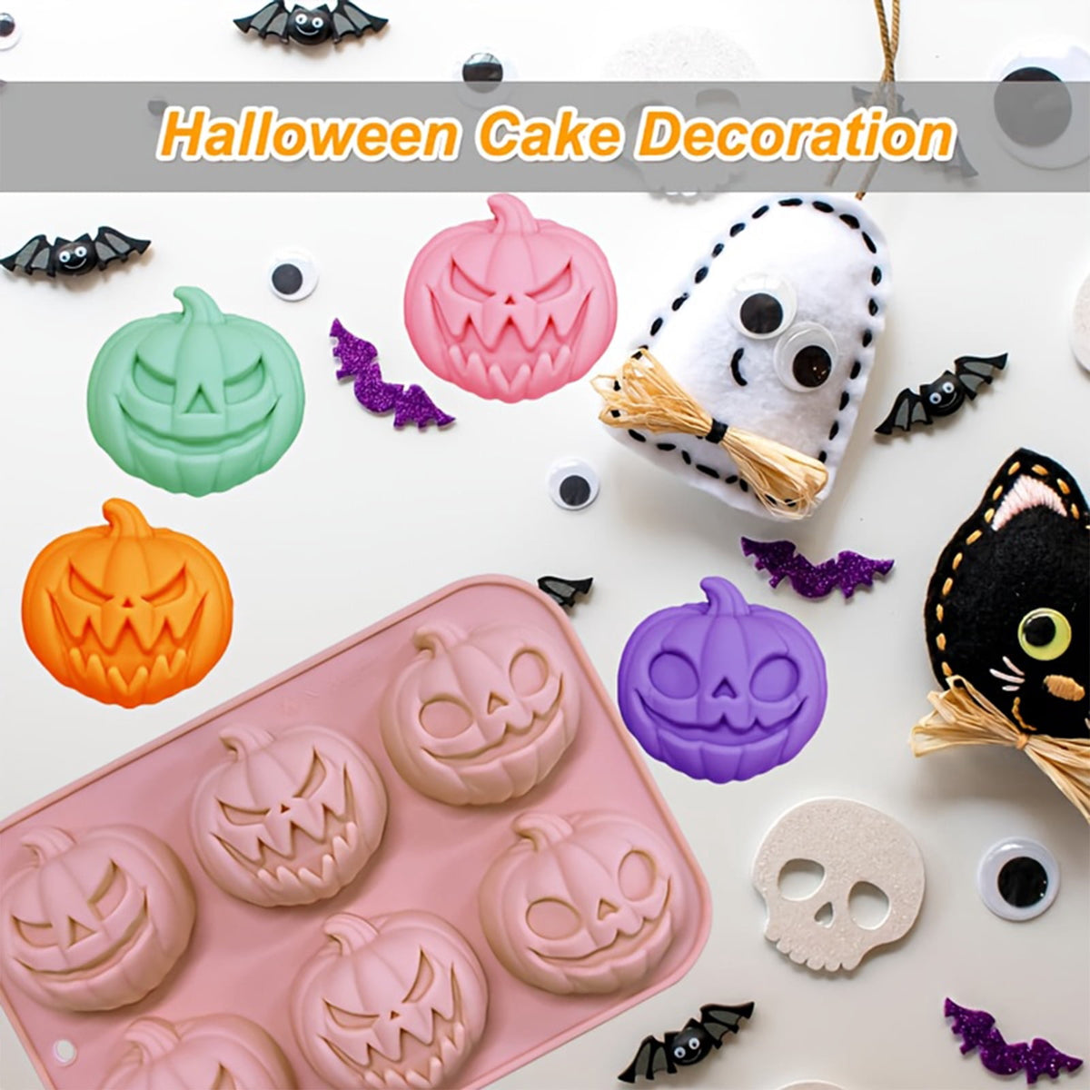 Ktlvex 6-Cavity Pumpkin Silicone Mold, Rectangular, Food-Grade, Pink – for Halloween Chocolate, Soap & Baking