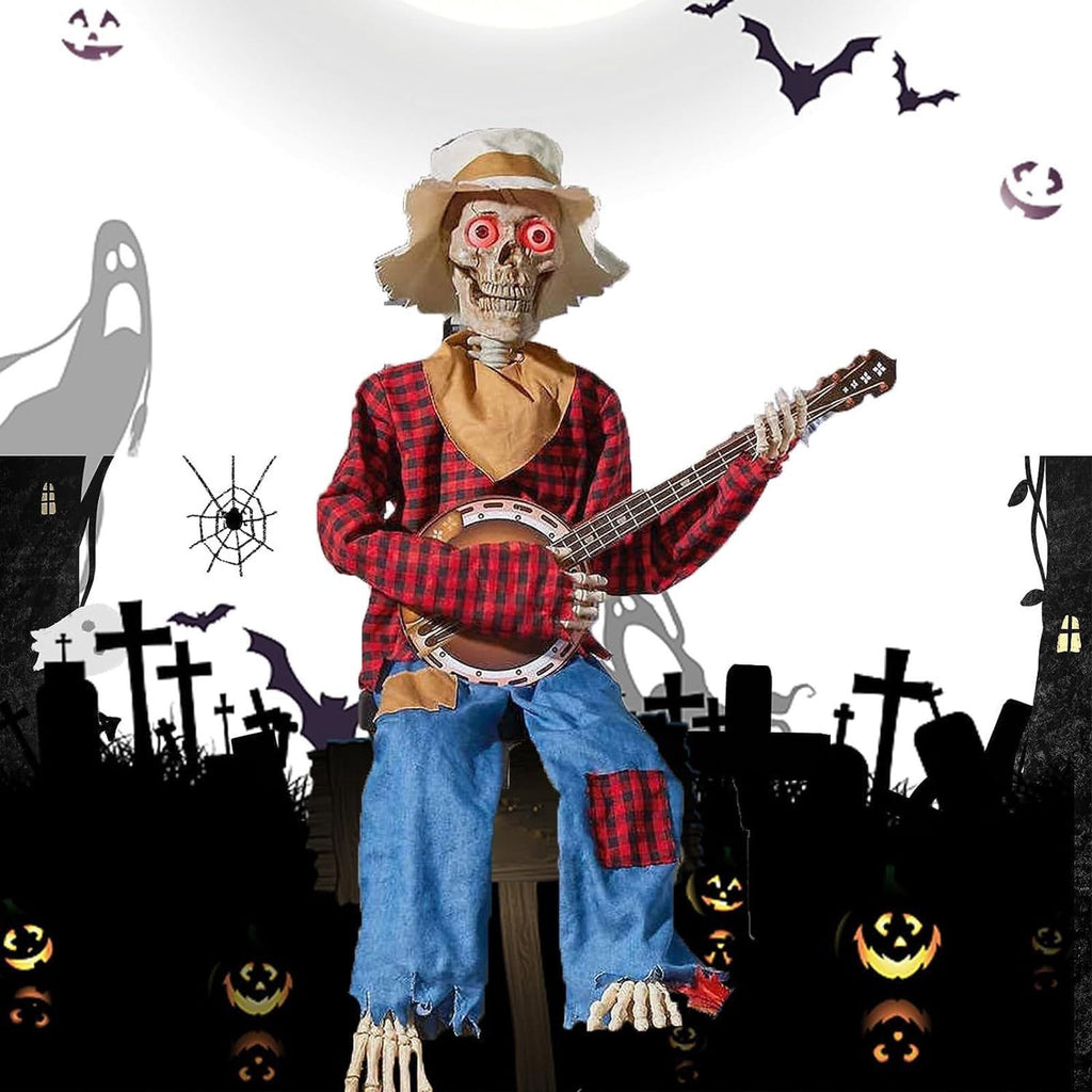 Dueling_Banjo Skeletons, 2025 Funny Animated Dueling_Banjo Halloween Skeletons, Country Skeleton Musicians with Light up Eyes for Halloween Decoractions Indoor Home Decor (Red&Yellow,2Pcs)