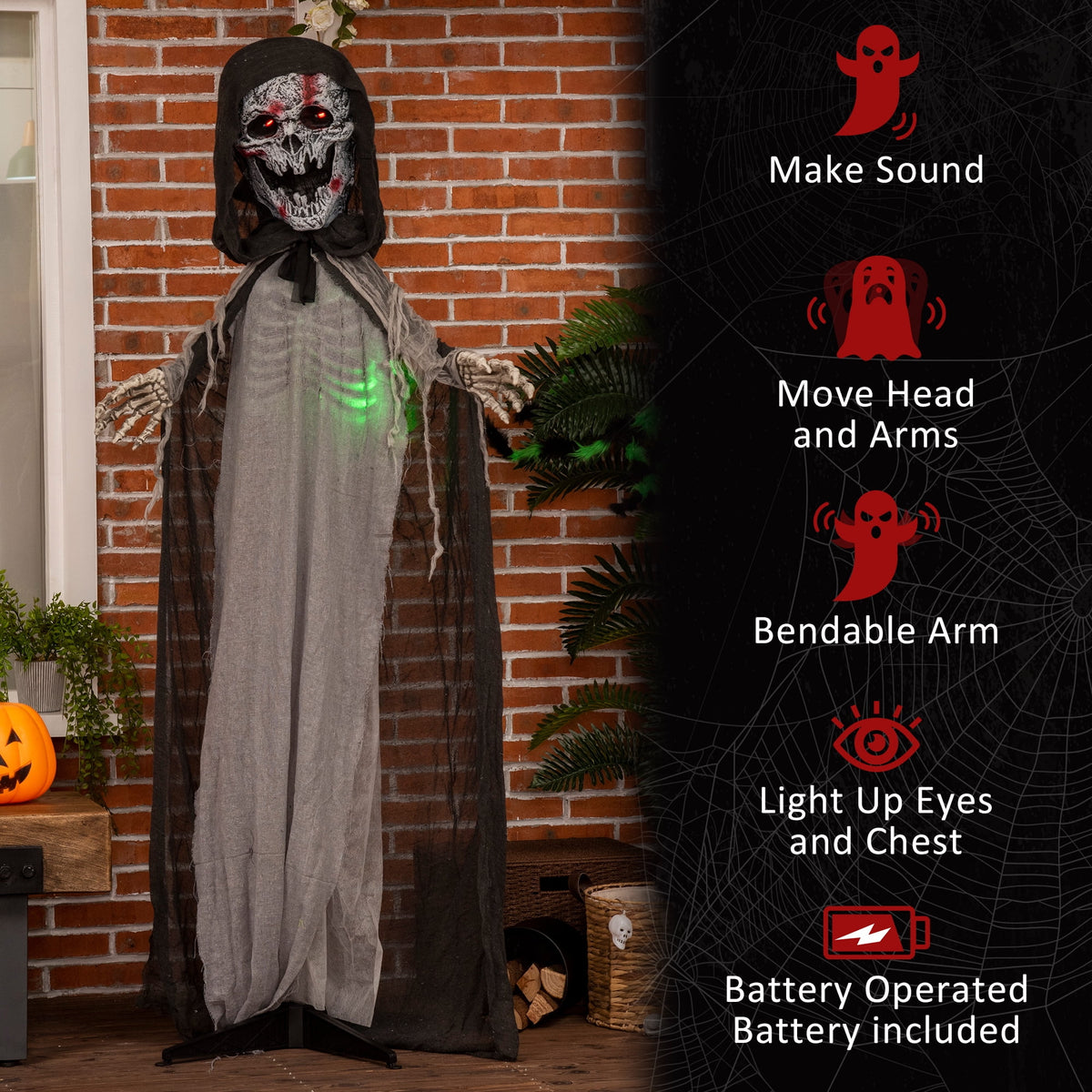 Outsunny 74" Life Size Outdoor Halloween Decorations Skeleton Witch, Animated Prop Animatronic Decor with Sound and Motion Activated, Light Up Eyes and Chest, Howling and Chain Sound