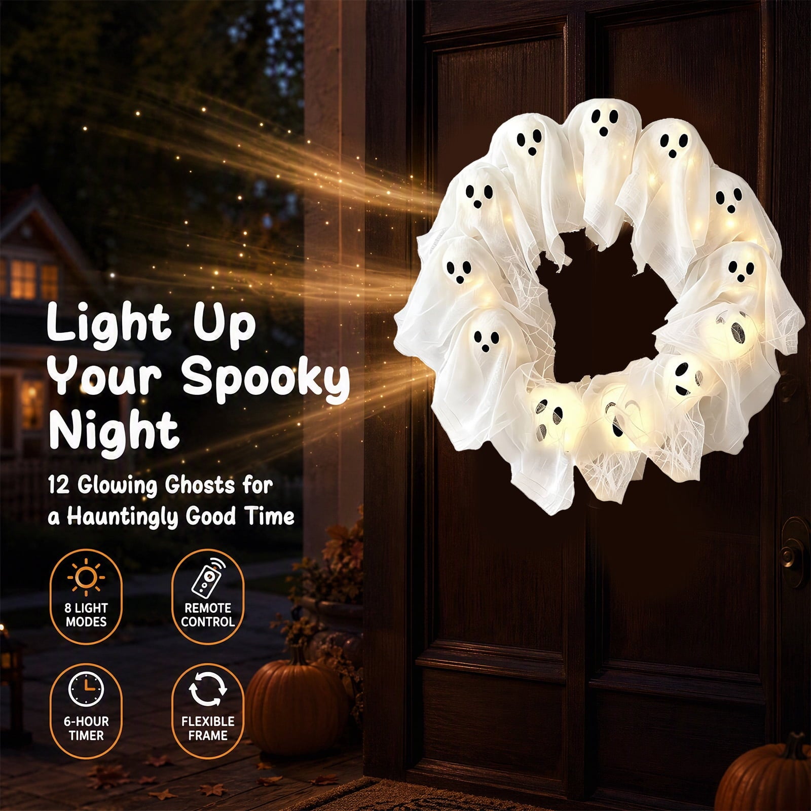 Halloween Glowing Ghost Wreath, Light-up Spooky Wreath with 12 Ghost Decor, RC, 6H Timer, Ideal for Halloween Party (A 12x3inch)