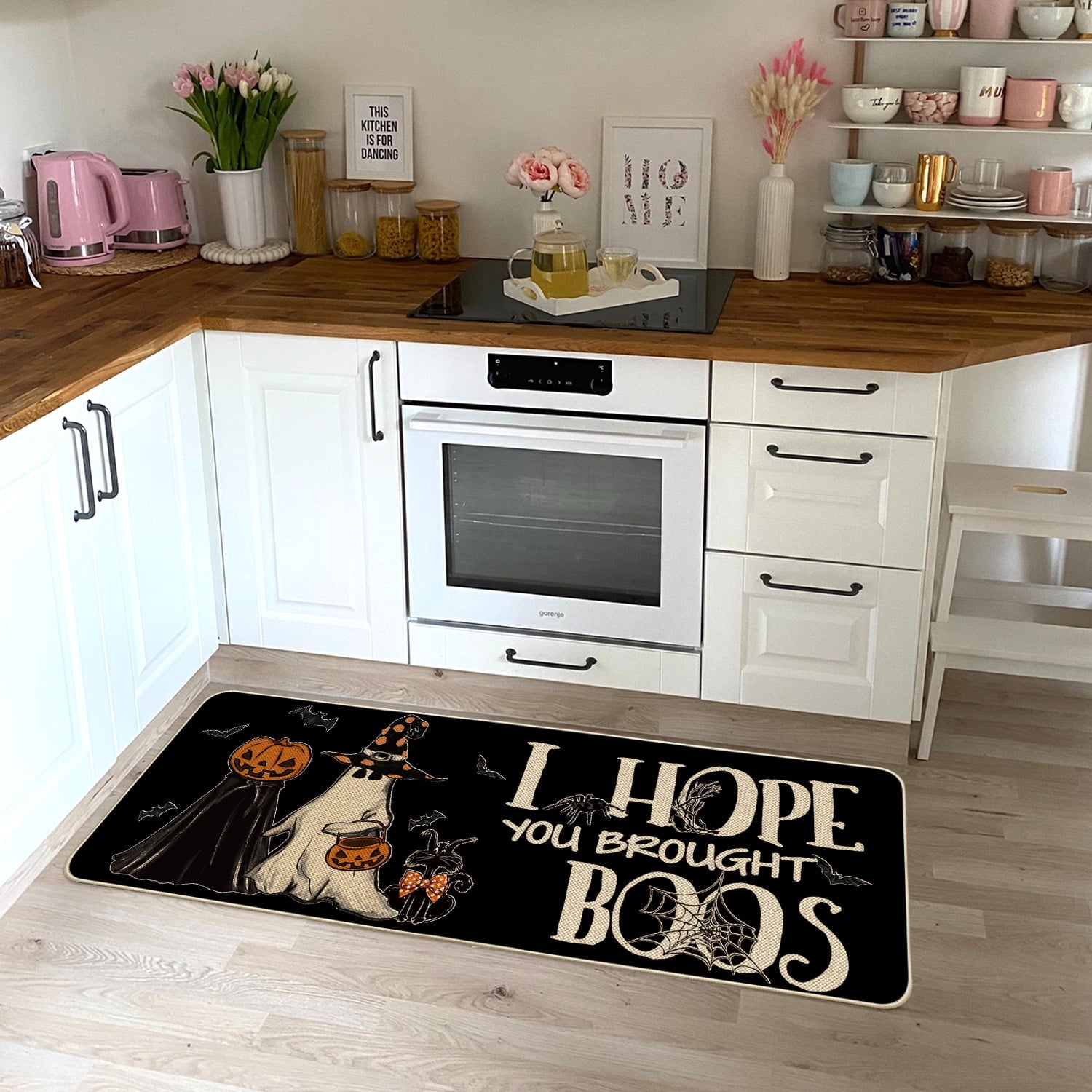 Sm:)e Polka Dot Black Cat, Jack-O'-Lantern, Ghost Halloween Welcome Doormat, 17x29 Inch