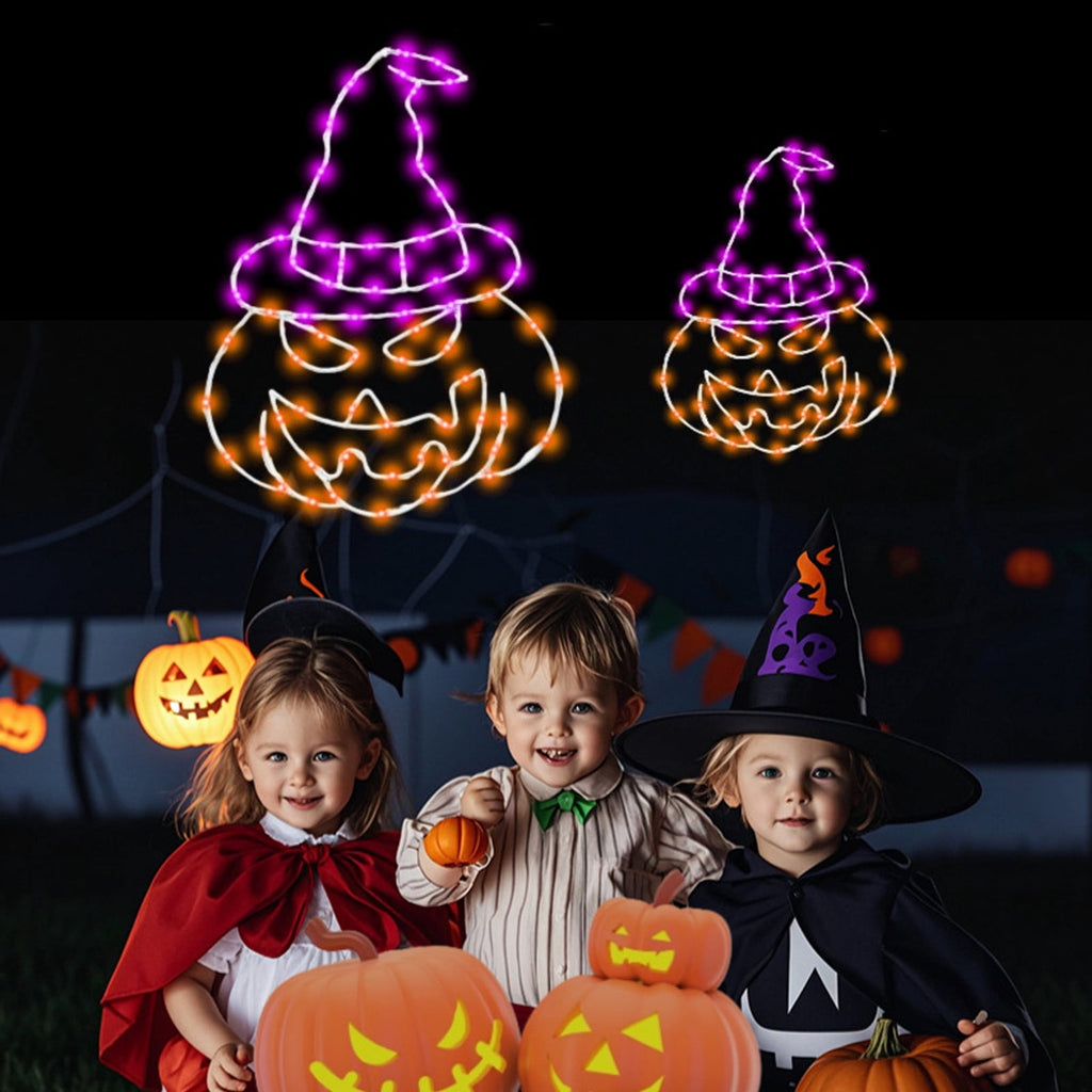 Btomtd Halloween Thanksgiving Window Light Iron Forged Hat and Pumpkin Shape Decorative Light with 8 Modes Remote Control Glowing Indoor Outdoor Holiday Decor, White
