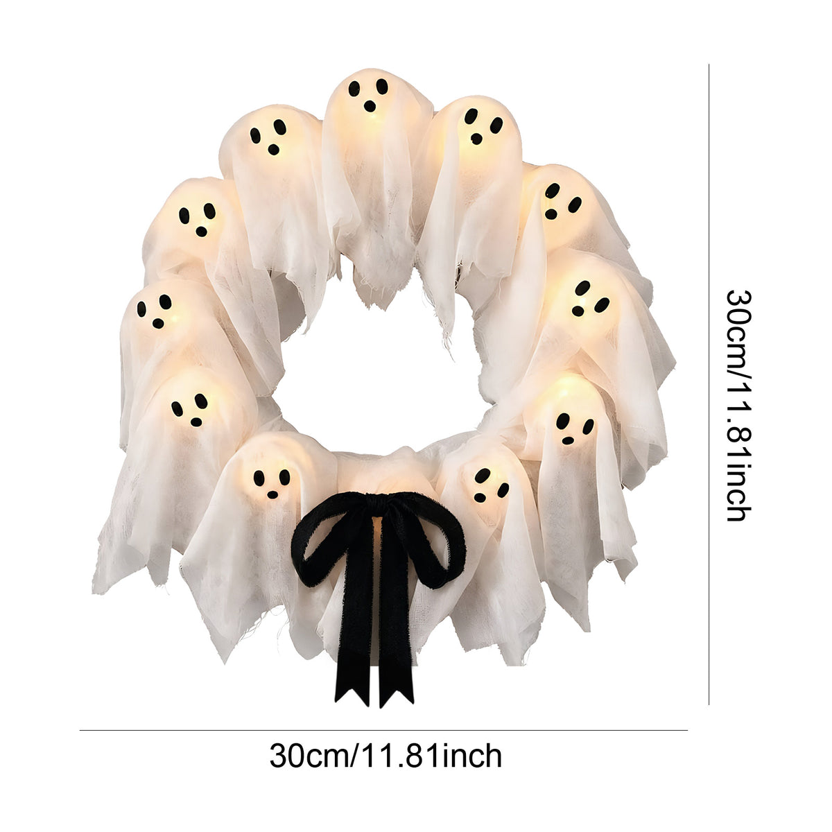 Halloween Glowing Ghost Wreath, Light-up Spooky Wreath with 12 Ghost Decor, RC, 6H Timer, Ideal for Halloween Party (A 12x3inch)