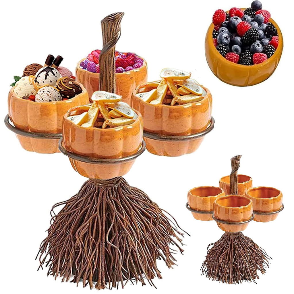 Diceymbol Halloween Pumpkin Snack Bowl Stand Collapsible Broomstick Candy Tray for Cupcakes & Desserts, Resin Serving Platter with Ceramic Pumpkin Bowls