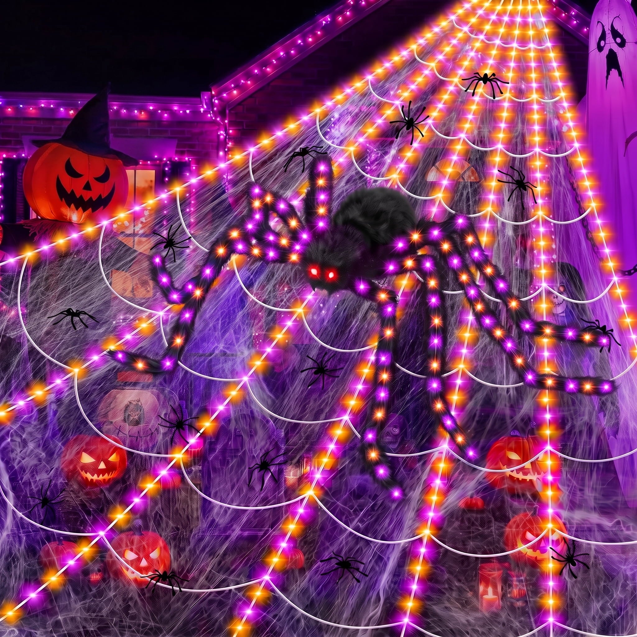 Leyaron Halloween Decorations Outdoor, 350 LED Halloween Spider Web String Lights with 79" Lighted Spider for Outdoor Garden Party Yard Porch Home Decor