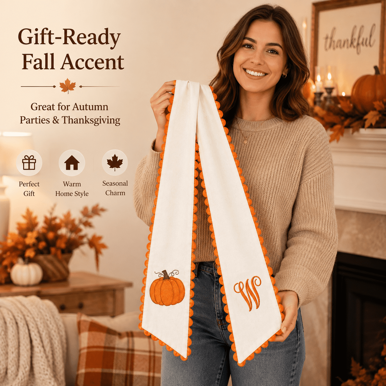 Pumpkin Embroidered Wreath Sash, 50 x 5 inch Orange Scalloped Lettered Ribbon for Halloween, Thanksgiving, Front Door, Seasonal Garland and Fall Home Decor, W