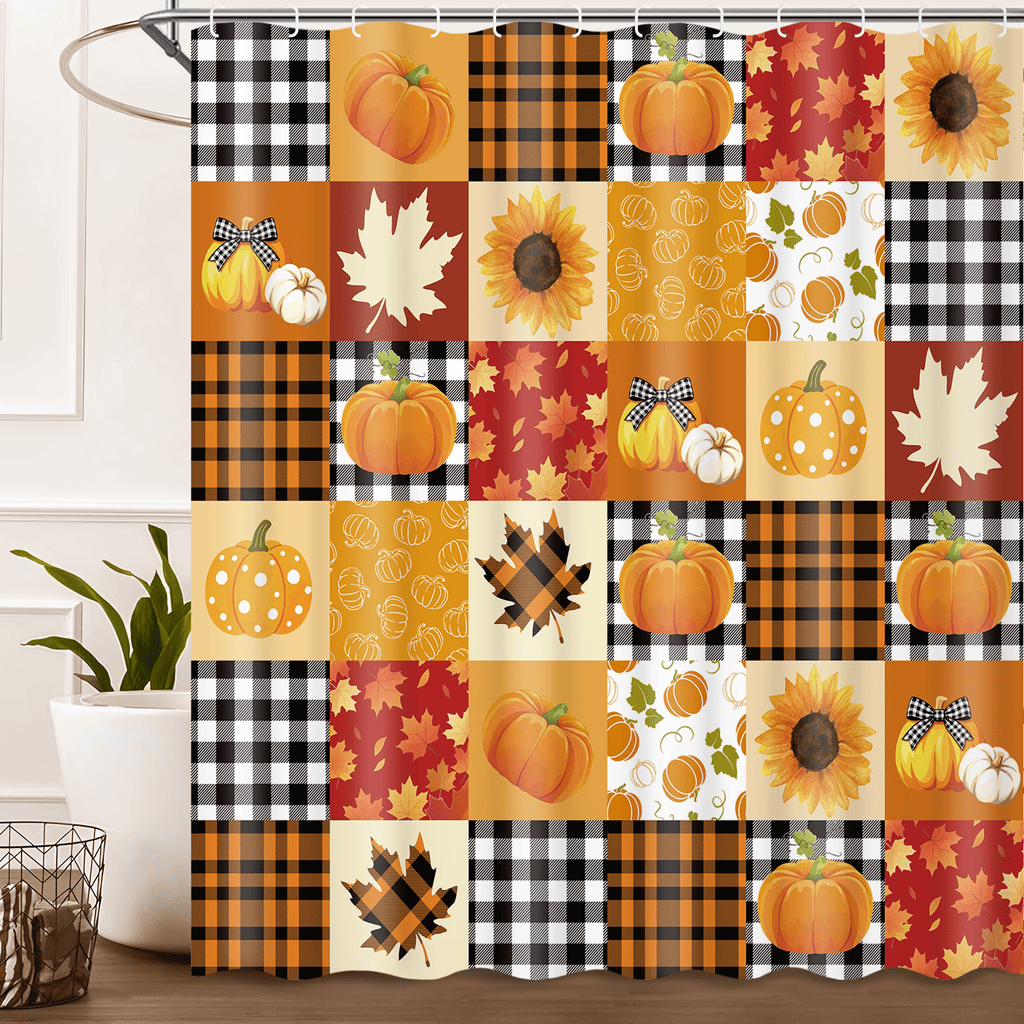 Ikfashoni Fall Shower Curtain with Hooks, Fall Decor for Home, Buffalo Plaid Pumpkin Waterproof Bathroom Curtains, 72"X72"