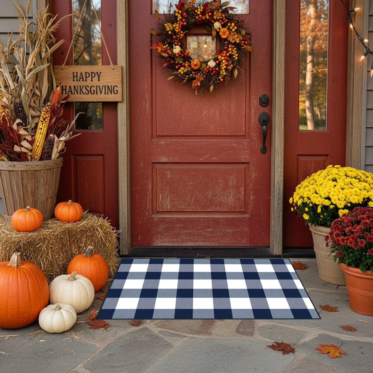 Halloween Fall Outdoor Rug Plaid Rug Foldable Floor Mat for Thanksgiving Front Door Front Porch Farmhouse Entryway Patio Decoration