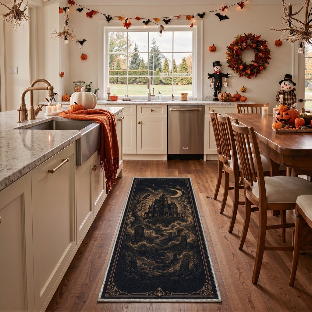 GENIMO 2'x7' Halloween Runner Rug, Washable Non Slip Soft Vintage Witch Indoor Outdoor Hallway Runner for Porch Patio Kitchen Entryway, Retro Sepia