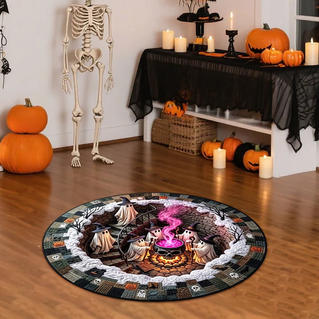 Halloween Round Rug Optical Ghost Pumpkin Mat 15.75in Diameter Polyester Skidproof & Soft for Entryway Bedroom Party by MPOISVA