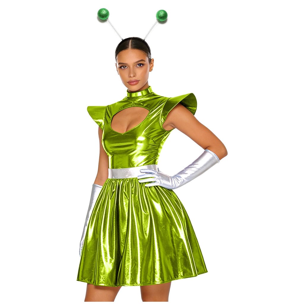 Aislor Womens Outer Space Alien Dress with Gloves Headband Halloween Space Cadet Rave Outfit Blue 3XL
