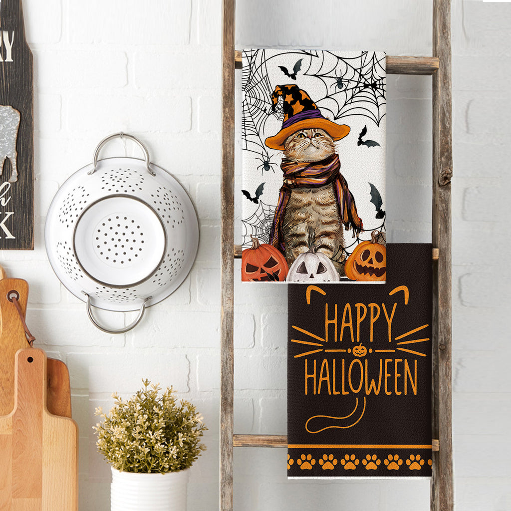 Sm:)e Spider Web Jack-O'-Lantern Pumpkin Cat Happy Halloween Kitchen Towels Dish Towels 18x26 Inch Set of 2