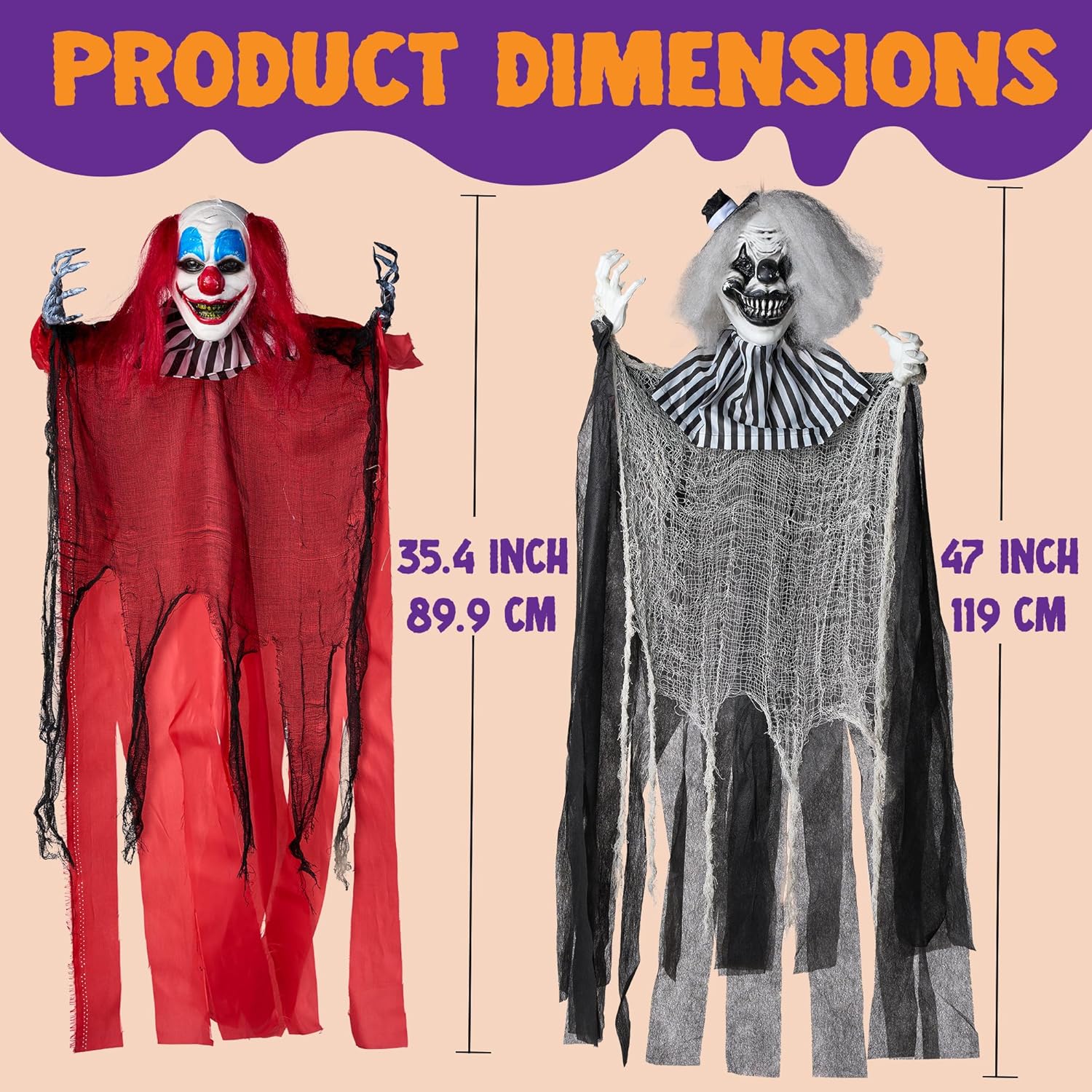 Joyfy 65" Halloween Hanging Scary Clown Decorations with Chain, with LED Lights Talking Animatronics Decor Outdoor Indoor for Haunted House Lawn Yard Patio