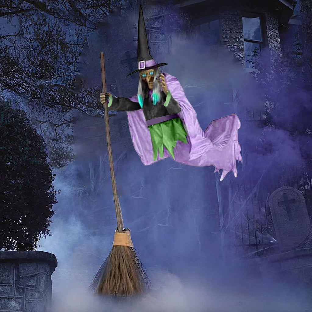 6FT Animated Flying Witch Decoration with Lights and Sounds Green 1pc