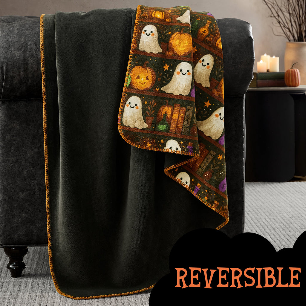 Boo-tique Halloween Plush Soft Oversized Couch Throw Blanket, Cats and Pumpkins, Orange, 50 x 72 in