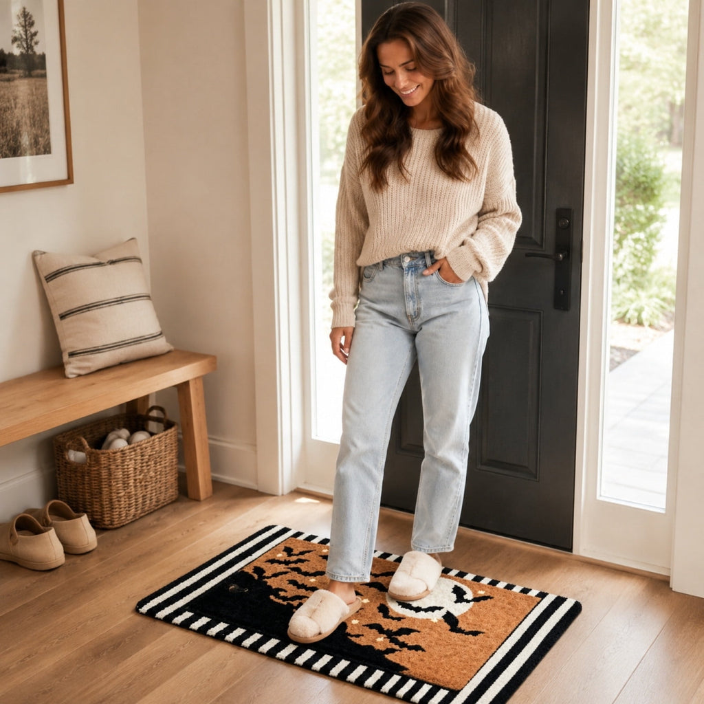 Halloween Door Mat,Halloween Rug,Halloween Porch Decor,Welcome Front Doormat Linen Rubber Layered Mats Nonslip Washable Halloween Decor For Front Porch Entryway
