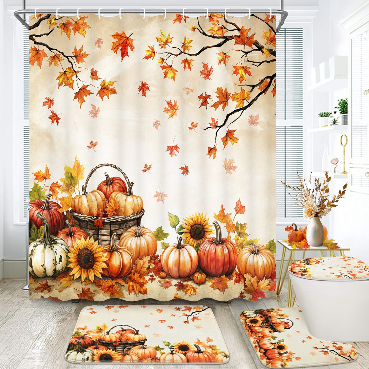 FRAMICS 16-Piece Fall Shower Curtain Sets with Rugs, Maple Leaves Pumpkin Bathroom Sets, Waterproof Fabric Bathroom Curtain Decor with Hooks