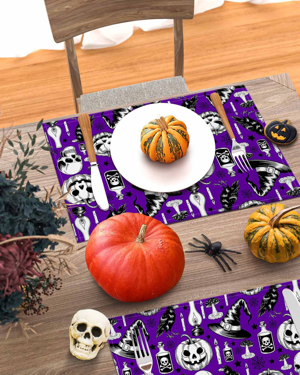 Halloween Placemats Set of 4 Crow Skull Pumpkin Place Mats Fall Placemat Cobwebs Potion Candle Hat Purple Table Mats for Dining Kitchen Table Holiday Dinner Party Home Decorations 13x19 Inch