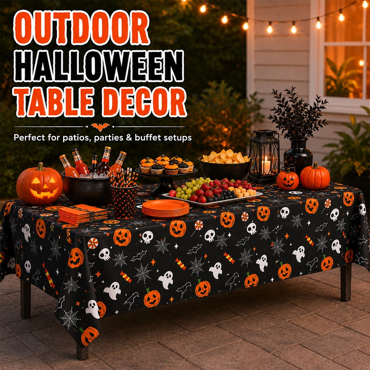Halloween Tablecloth Decorations Halloween Party Supplies Plastic Disposable Rectangle Tablecovers Skeletons Ghosts Pumpkin Table Décor 3Pcs Design 2