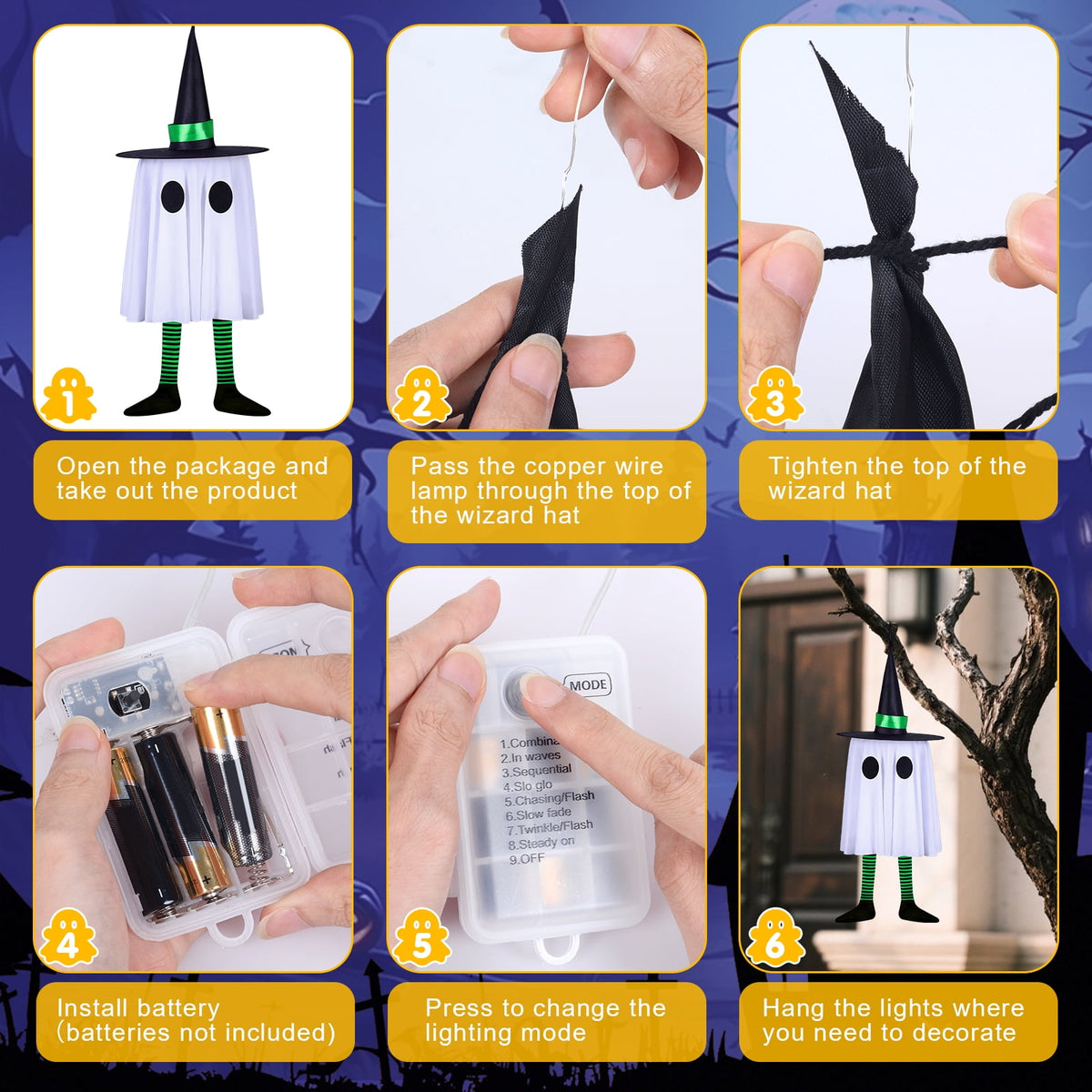 Qoosea 3 Pack Halloween LED Lights Witch Hat Ghost Hangers, Purple/Green/Orange, 3 Lighting Modes, Waterproof Battery Case, Halloween Decorations