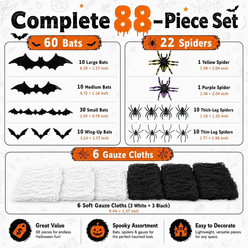 Halloween Creepy Cloth Halloween Gauz Scary Decoration with Bats Spiders Fabric Hanging Spooky Stuff for Indoor Outdoor Home Wall Haunted House Party Supplies 88Pcs Set 1