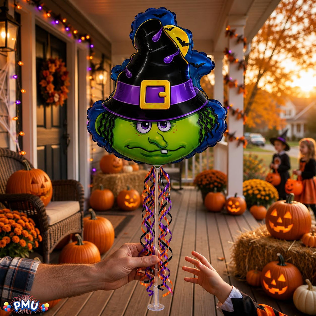PMU Halloween Pre-Inflated Balloons "Whimsical Pumpkin" 9 Inch Air-Filled Pre-inflated with a Cup and a Stick (1/Pkg) Pkg/1