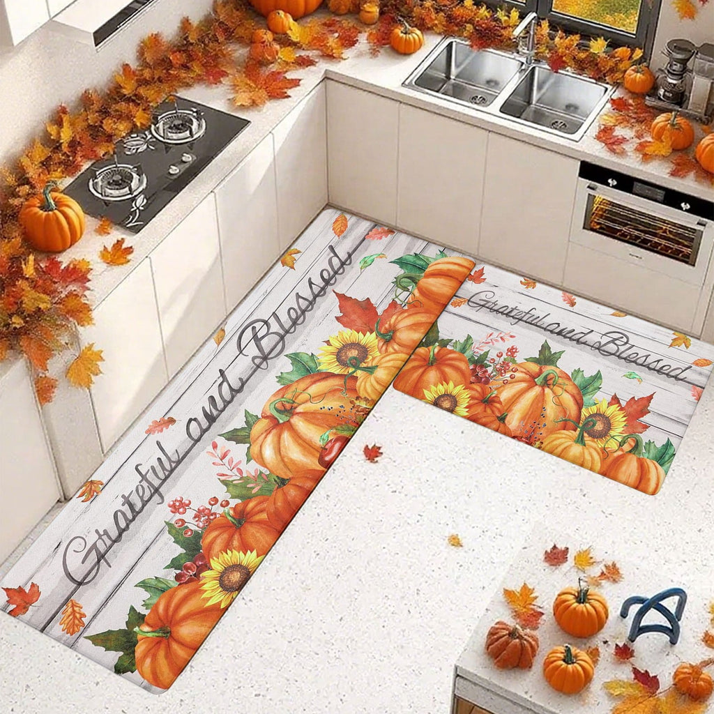 HOARBOEG Kitchen Floor Mat, Halloween Thanksgiving Fall Floor Mats 2-Piece Set - Non-Slip Pumpkin Maple Leaf Decor Rug for Bathroom Kitchen Porch Entrance, Holiday Home Decor