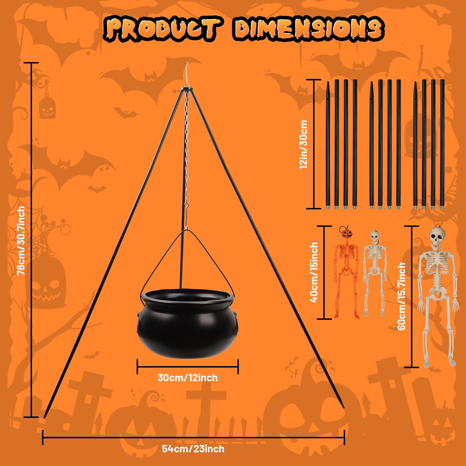 Halloween Decorations Bundle - 78cm/30.7" Witches Cauldron on 54" Tripod with Green LED Lights, 3pcs 40cm Skeleton, 60cm Skeleton, Skull Ornament, 4 Hooks - Indoor Outdoor Yard Porch Party Supplies