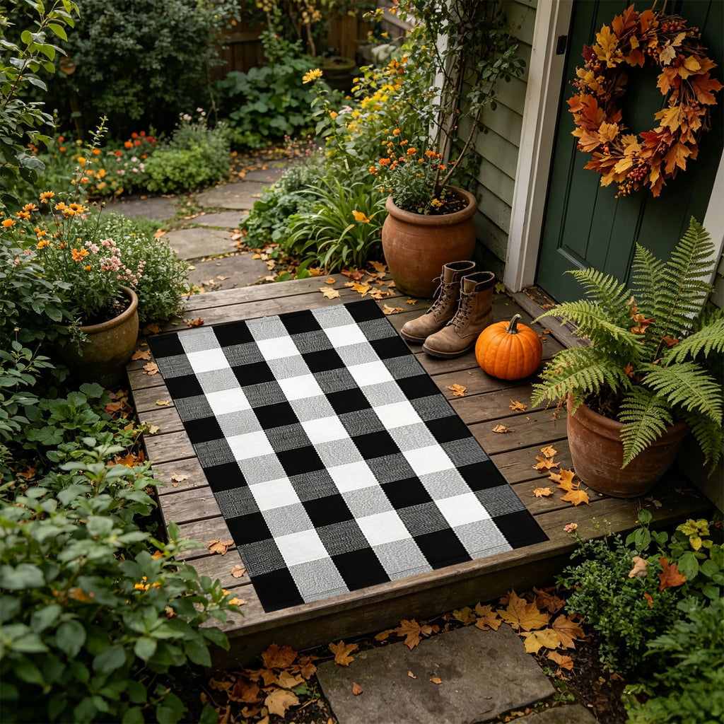 Dpityserensio Halloween Doormat Black Bat and Moon with Striped Border Non-Slip Washable Indoor Outdoor Rug, Vintage Fall Decor