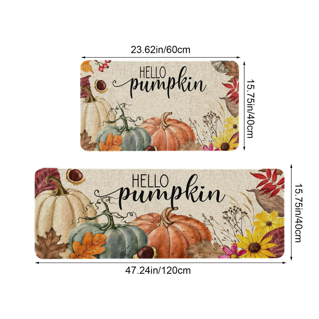 HOARBOEG Kitchen Floor Mat, Halloween Thanksgiving Fall Floor Mats 2-Piece Set - Non-Slip Pumpkin Maple Leaf Decor Rug for Bathroom Kitchen Porch Entrance, Holiday Home Decor