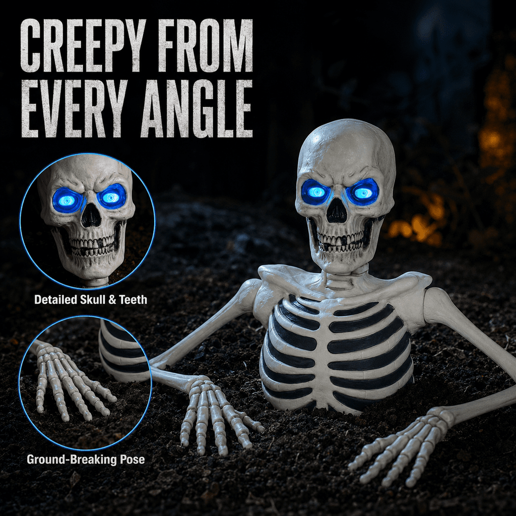 Ground Breaking Skeleton with LCD Glowing Eyes, Animated Halloween Prop Decoration, Spooky Yard Ornament for Lawn, Garden, Haunted House & Holiday Display, White