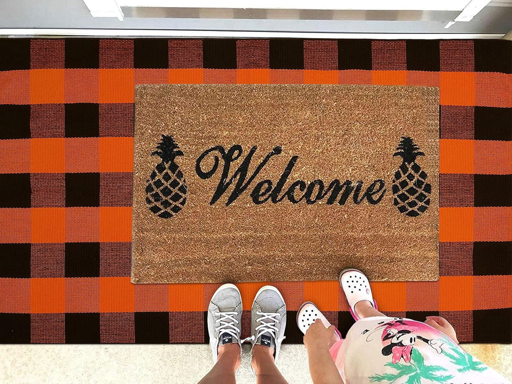HearthHarmony Buffalo Plaid Area Rugs 2x3 Ft Brown and Black Checkered Rugs Washable Front Door Mat Hand Woven Cotton Outdoor Small Rug for Front Porch Kitchen Entryway Patio Bathroom