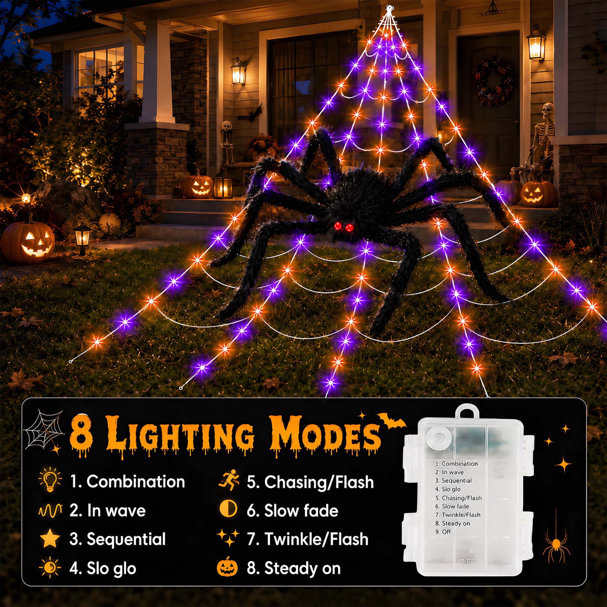 DAYBETTER Halloween Spider Web Lights, 5FT Giant Spider, 250 LED Holiday Lights, Remote Control Waterproof for Indoor Outdoor Yard Party Halloween Decorations (Purple & Orange)
