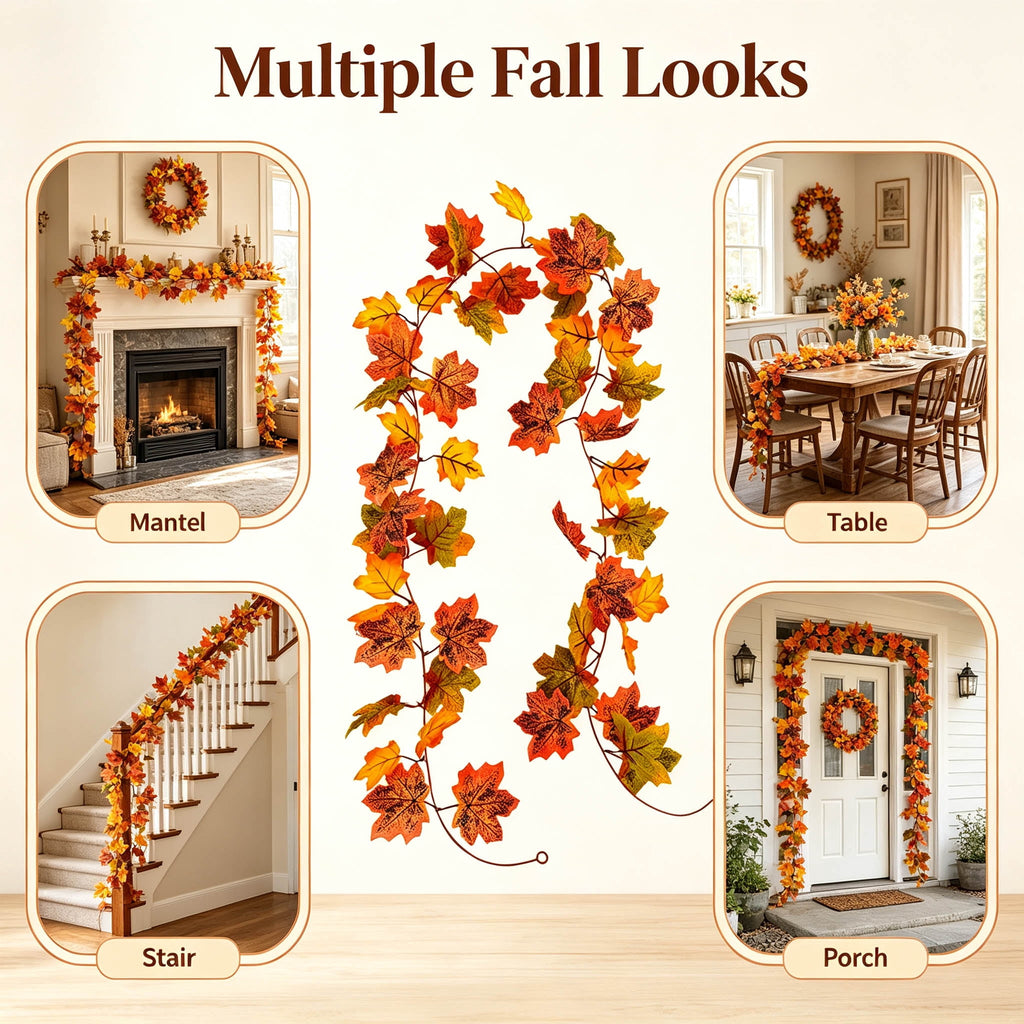 WKSCLPAI Halloween Maple Leaf Garland, Fall Vine Wreaths for Autumn Festivities Decor,Seasonal Garlands for Home,Halloween & Fall Decorations