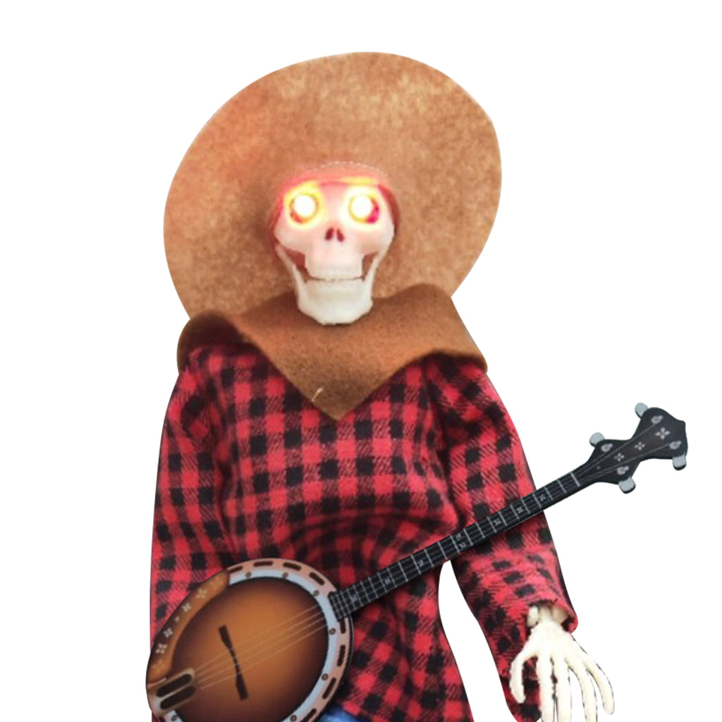 15" Animated Banjo Cowboy Skeletons with Clothes and Hat for Party Shelf Halloween Decorations(Red)