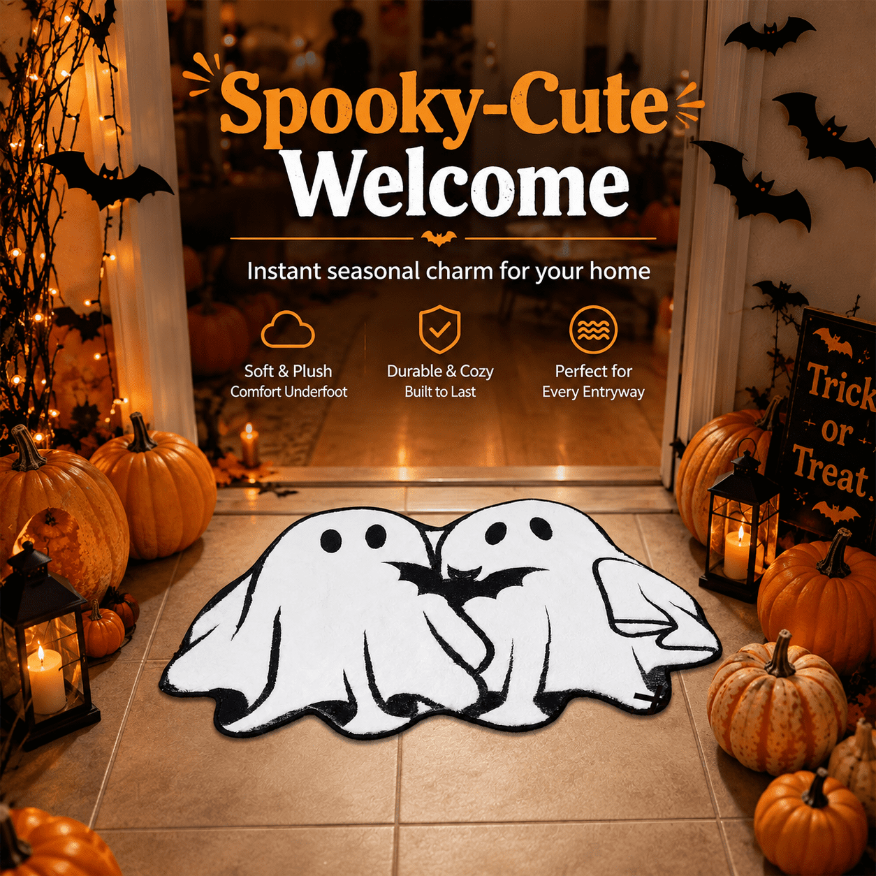Halloween Door Mat Outdoor Boo Ghost Welcome Doormats for Front Door Non Slip Ghost Floor Mat Black White Stripe Halloween Rug for Entryway Front Porch Outside Decor