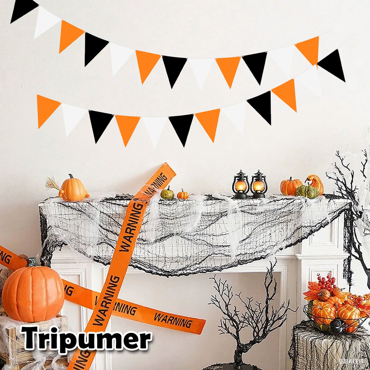 Tripumer 120 Pcs Triangle Flag Banner String for Halloween Decorations 164ft Birthday Hanging Flag for Birthday Party Mardi Gras Outdoor Event Decorations - Black+White+Orange